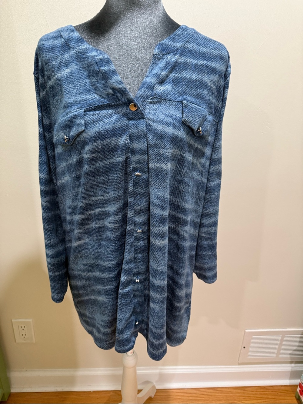 Blue Striped Button-Front Women's Tunic Top